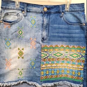 Boho Embroidered Denim Mini Skirt SZ 14